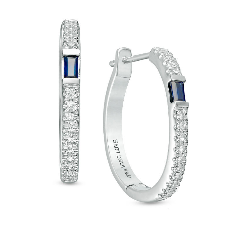 Main Image 1 of Vera Wang Love Collection Baguette Blue Sapphire and 0.18 CT. T.W. Diamond Hoop Earrings in 14K White Gold