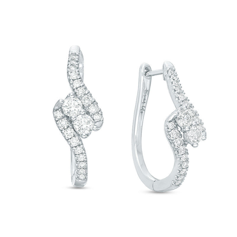 Main Image 1 of Ever Us™ 0.95 CT. T.W. Two-Stone Diamond Bypass Hoop Earrings in 14K White Gold