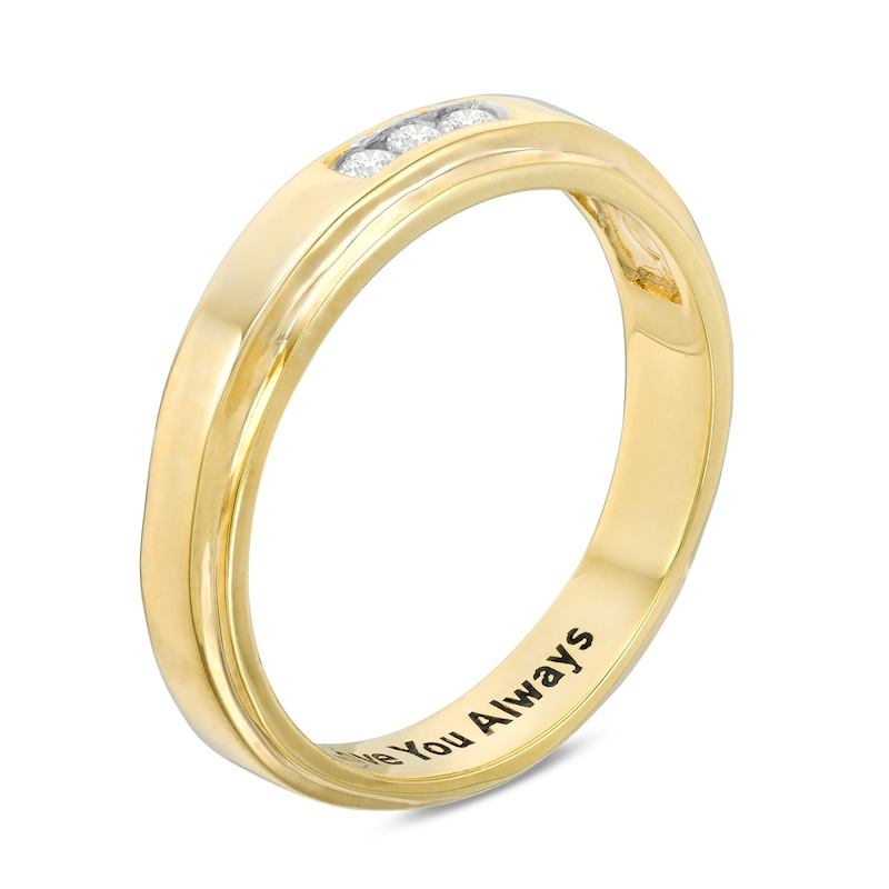Main Image 2 of Men's 1/10 CT. T.W. Diamond Three Stone Wedding Band in 10K Gold (1 Line)