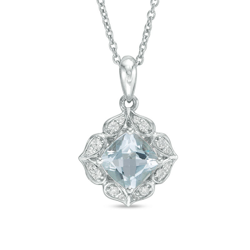 6.0mm Cushion-Cut Aquamarine and Lab-Created White Sapphire Flower Frame Pendant in Sterling Silver