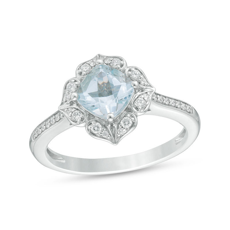 6.0mm Cushion-Cut Aquamarine and Lab-Created White Sapphire Flower Frame Ring in Sterling Silver