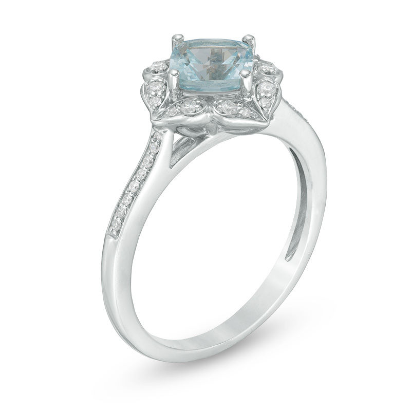 6.0mm Cushion-Cut Aquamarine and Lab-Created White Sapphire Flower Frame Ring in Sterling Silver