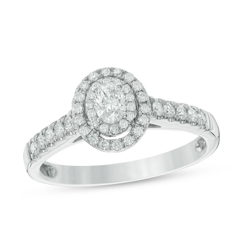 0.45 CT. T.W. Oval Diamond Double Frame Engagement Ring in 14K White Gold|Peoples Jewellers