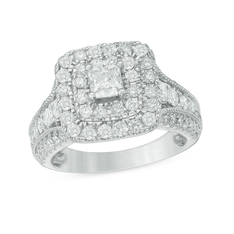 2.00 CT. T.W. Princess-Cut Diamond Double Frame Vintage-Style Engagement Ring in 14K White Gold