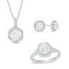 Thumbnail Image 1 of Lab-Created White Sapphire Scallop Frame Pendant, Stud Earrings and Ring Set in Sterling Silver - Size 7