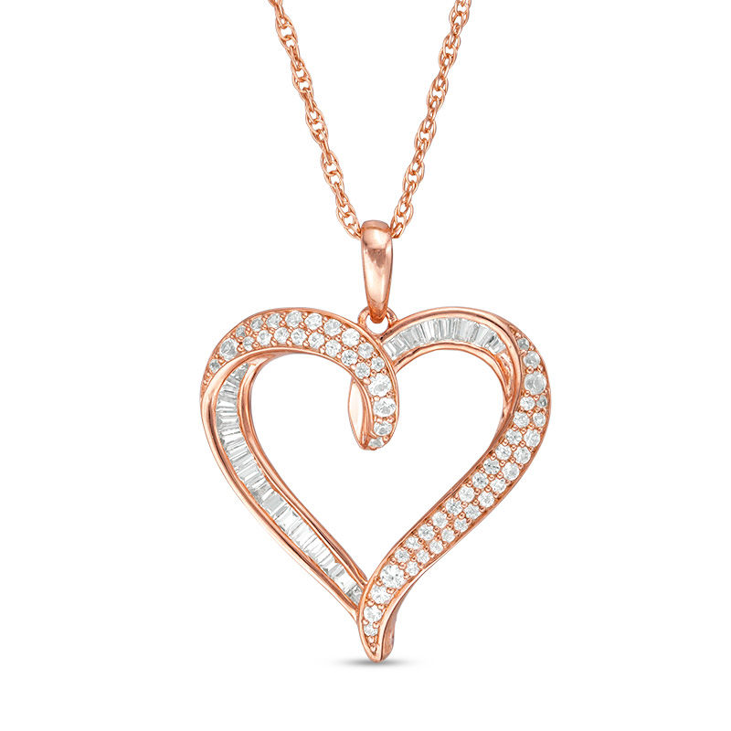 Baguette and Round Lab-Created White Sapphire Looping Heart Pendant in Sterling Silver with 14K Rose Gold Plate