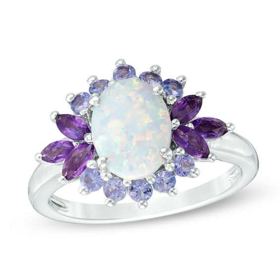 Oval Lab-Created Opal, Amethyst and Tanzanite Floral Ring in Sterling ...