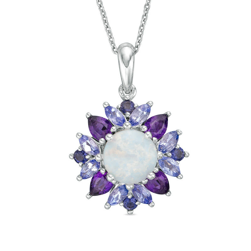 7.0mm Lab-Created Opal and Multi-Gemstone Floral Frame Pendant in Sterling Silver