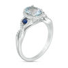 Thumbnail Image 1 of Oval Aquamarine with Lab-Created Blue and White Sapphire Frame Twist Shank Ring in 10K White Gold