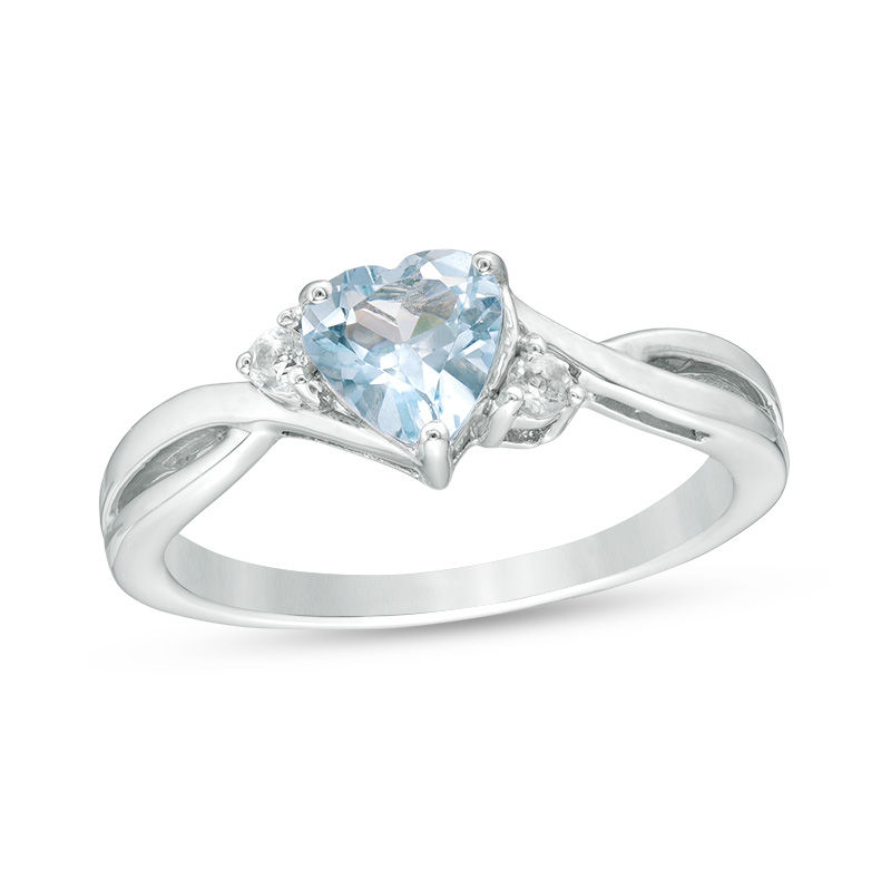 6.0mm Heart-Shaped Aquamarine and Diamond Accent Crossover Split Shank Ring in 10K White Gold