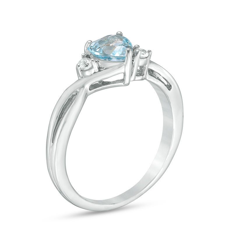 6.0mm Heart-Shaped Aquamarine and Diamond Accent Crossover Split Shank Ring in 10K White Gold