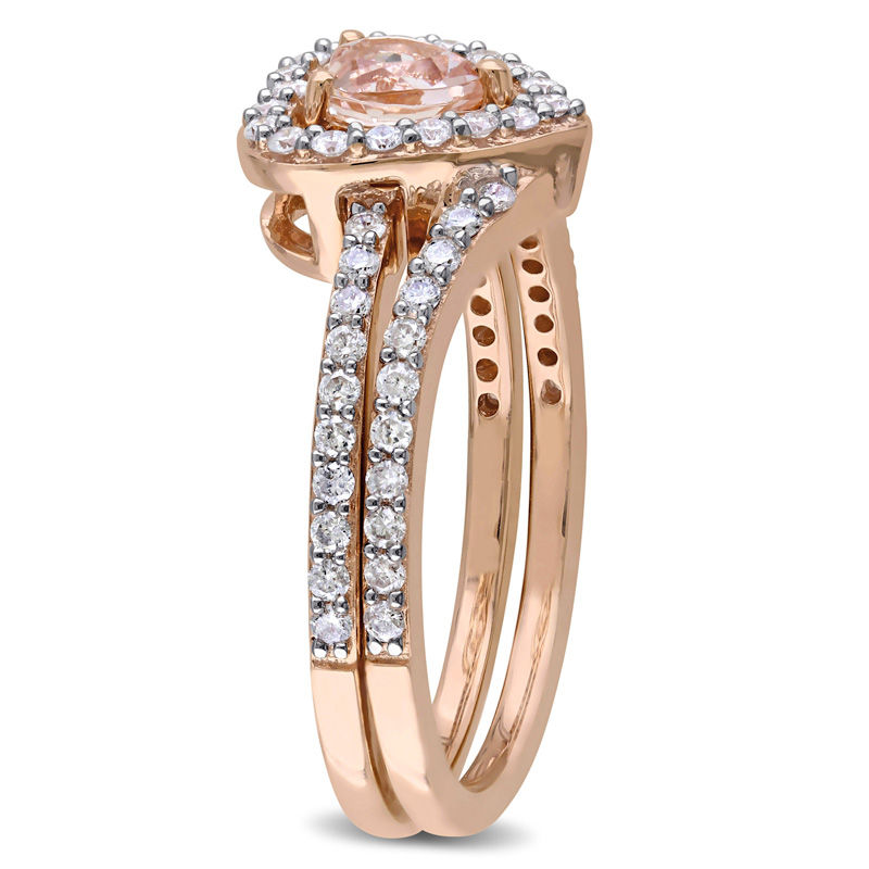 Main Image 2 of 5.0mm Heart-Shaped Morganite and 0.49 CT. T.W. Diamond Frame Bridal Set in 10K Rose Gold