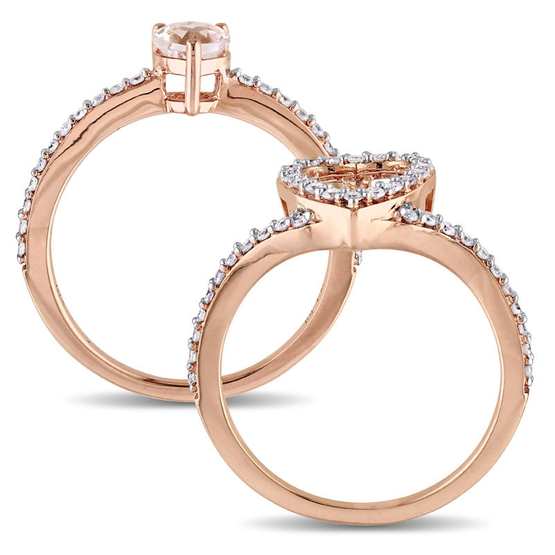 Main Image 3 of 5.0mm Heart-Shaped Morganite and 0.49 CT. T.W. Diamond Frame Bridal Set in 10K Rose Gold