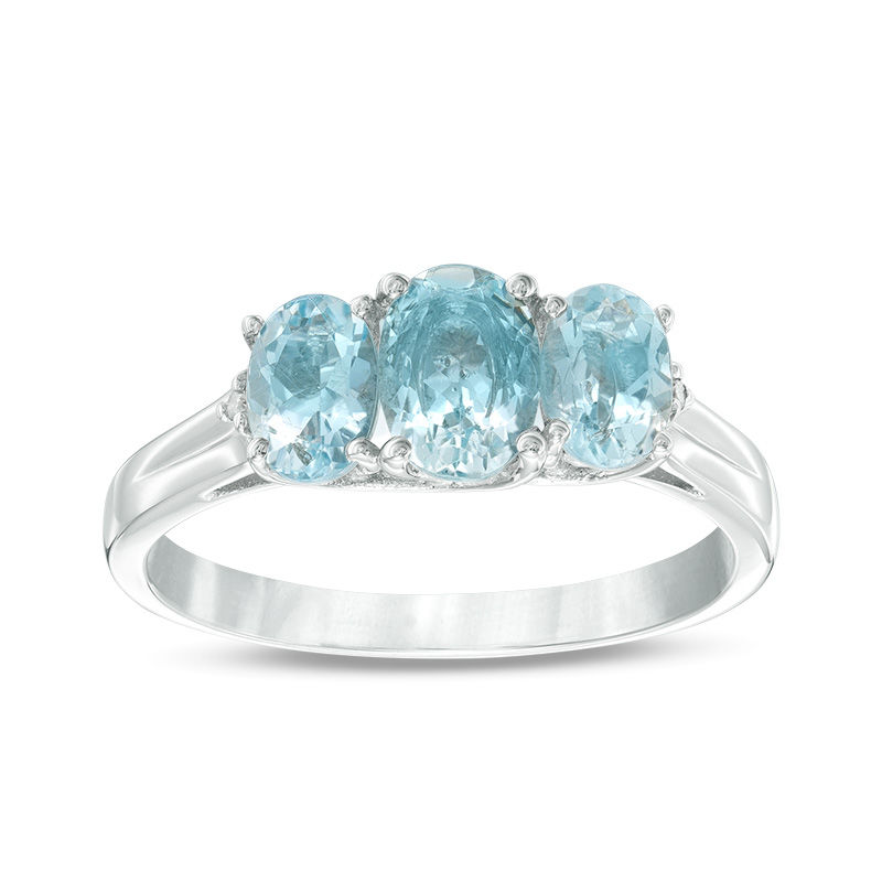 Oval Aquamarine and Diamond Accent Three Stone Ring in 10K White Gold