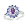 Oval Amethyst, Tanzanite and Lab-Created White Sapphire Double Floral Frame Ring in Sterling Silver