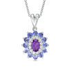 Oval Amethyst, Tanzanite and Lab-Created White Sapphire Double Floral Frame Pendant in Sterling Silver