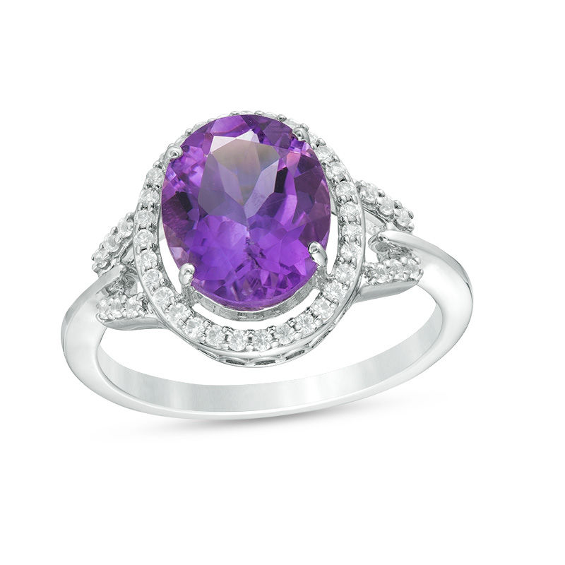 Oval Amethyst and Lab-Created White Sapphire Frame Buckle Ring in Sterling Silver