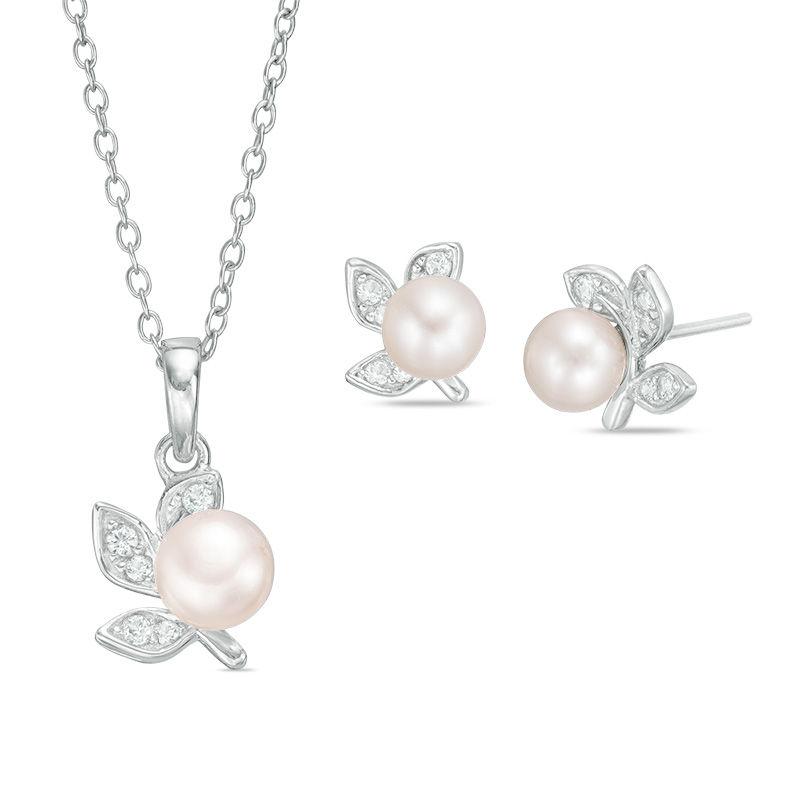 Cultured Freshwater Pearl and Lab-Created White Sapphire Floral Pendant and Stud Earrings Set in Sterling Silver|Peoples Jewellers
