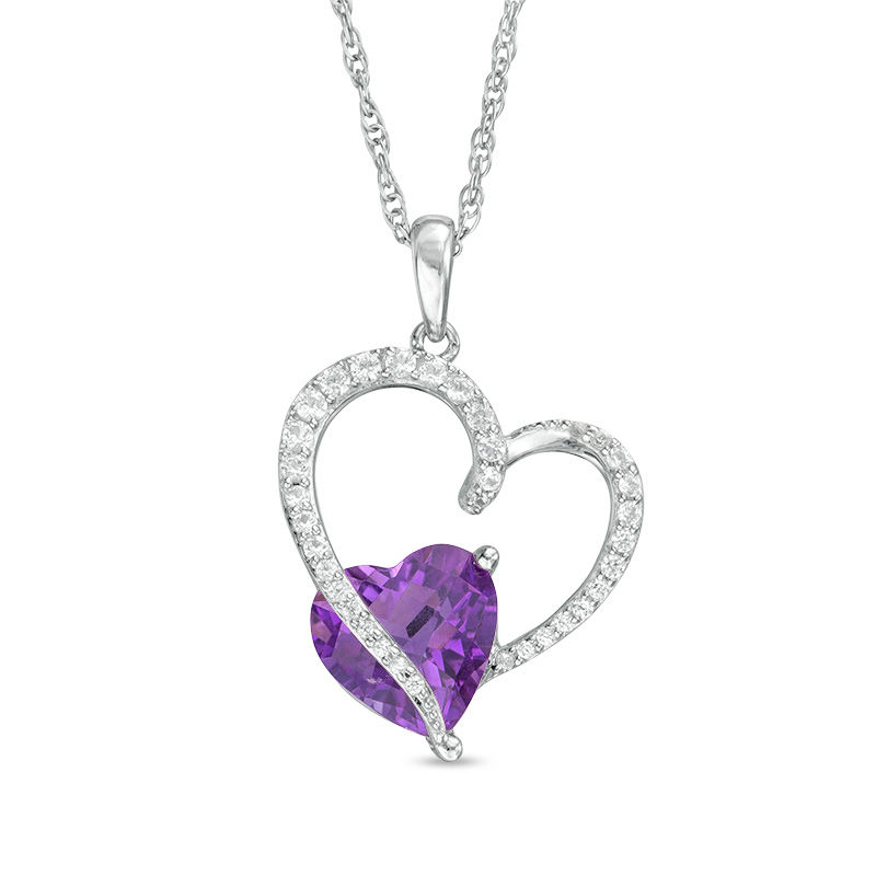 8.0mm Amethyst and Lab-Created White Sapphire Heart Outline Pendant in Sterling Silver