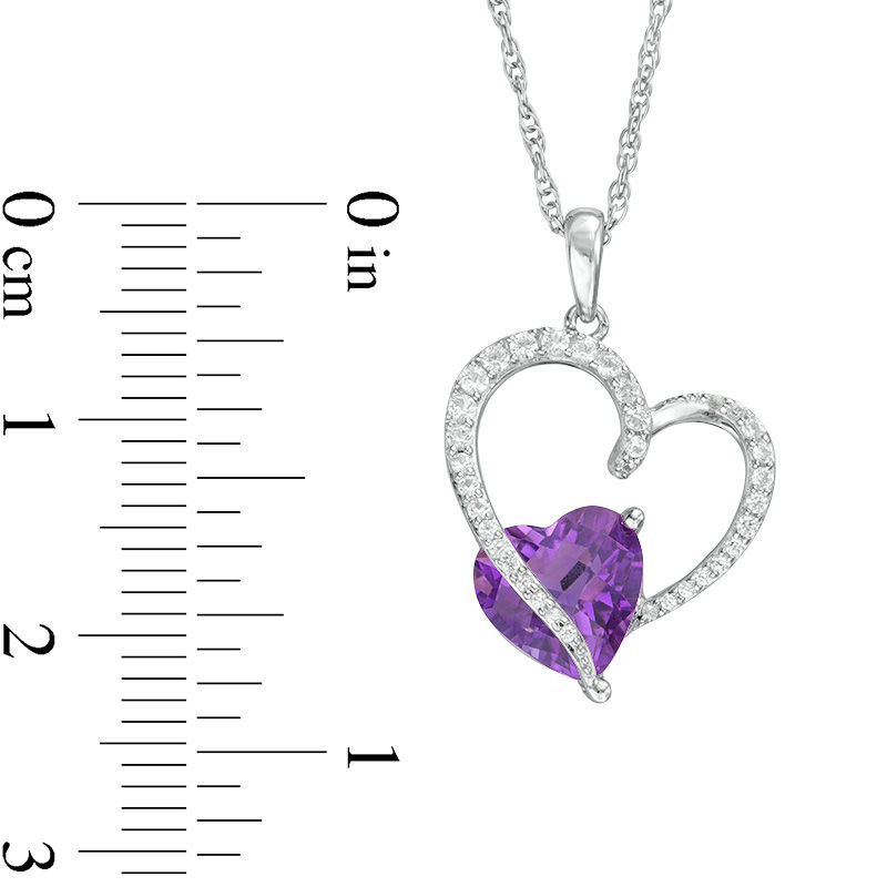 8.0mm Amethyst and White Lab-Created Sapphire Heart Outline Pendant in Sterling Silver