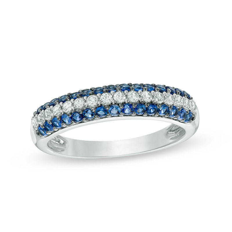 Main Image 1 of Lab-Created Blue and White Sapphire Triple Row Band in Sterling Silver