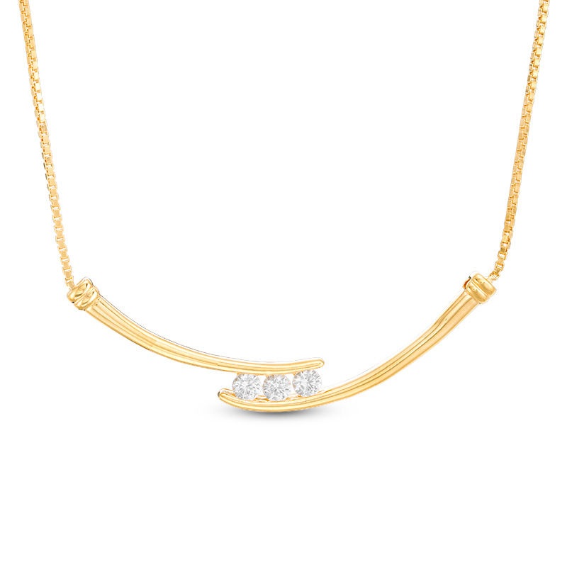 Main Image 1 of White Lab-Created Sapphire Three Stone Bypass Necklace in Sterling Silver with 14K Gold Plate - 17"