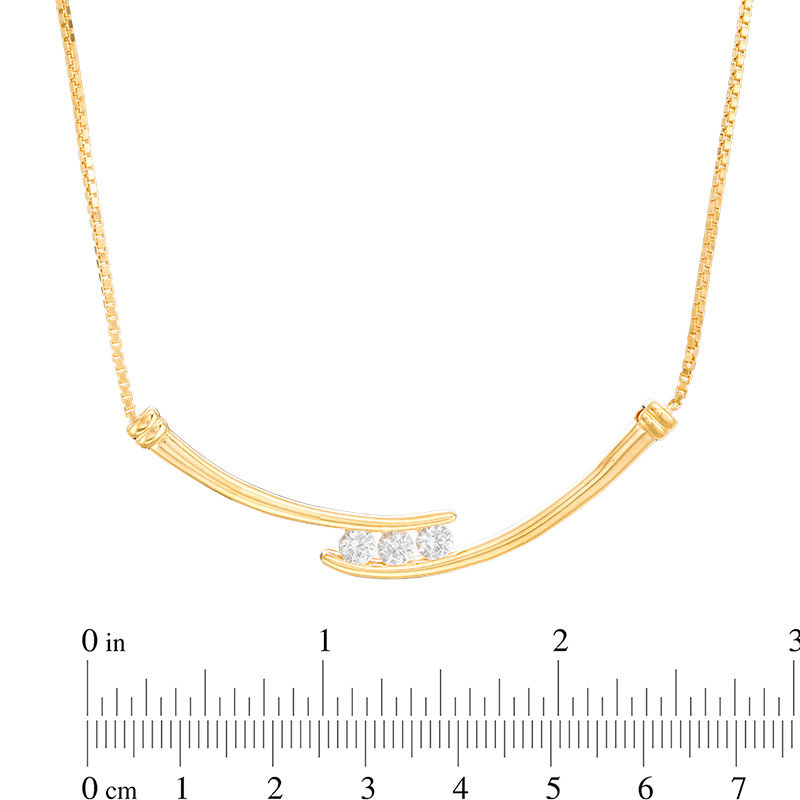 White Lab-Created Sapphire Three Stone Bypass Necklace in Sterling Silver with 14K Gold Plate - 17"