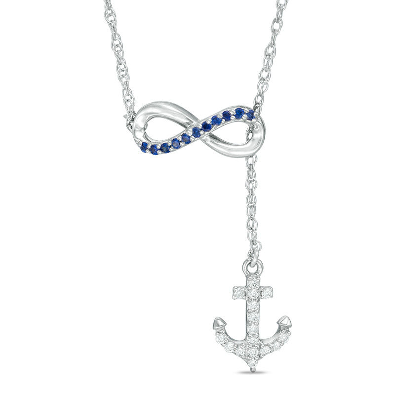 Lab-Created Blue and White Sapphire Infinity with Anchor Lariat-Style Necklace in Sterling Silver - 19"