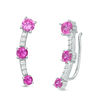 Thumbnail Image 0 of Lab-Created Pink and White Sapphire Three Stone Crawler Earrings in Sterling Silver