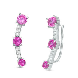 Lab-Created Pink and White Sapphire Three Stone Crawler Earrings in Sterling Silver