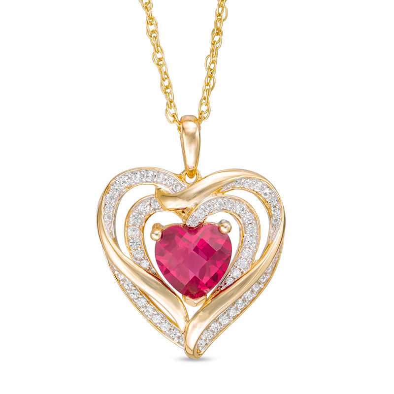 7.0mm Lab-Created Ruby and White Sapphire Triple Loop Heart Pendant in Sterling Silver with 14K Gold Plate