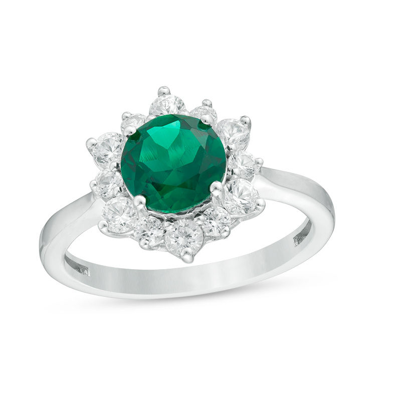 7.0mm Lab-Created Emerald and White Sapphire Sunburst Frame Ring in Sterling Silver