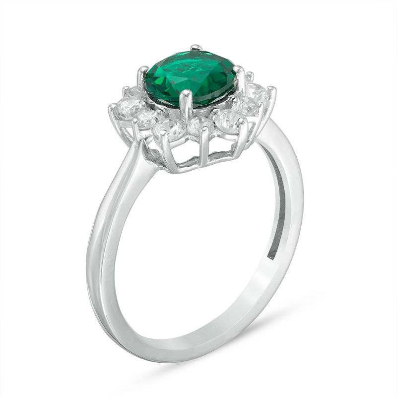 7.0mm Lab-Created Emerald and White Sapphire Sunburst Frame Ring in Sterling Silver