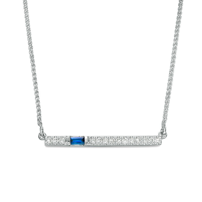 Vera Wang Love Collection Baguette Blue Sapphire and 0.07 CT. T.W. Diamond Bar Necklace in 14K White Gold - 19"