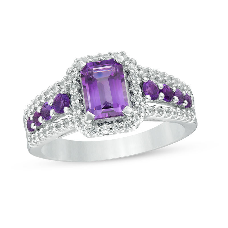 Emerald-Cut Amethyst and White Lab-Created Sapphire Frame Ring in Sterling Silver|Peoples Jewellers