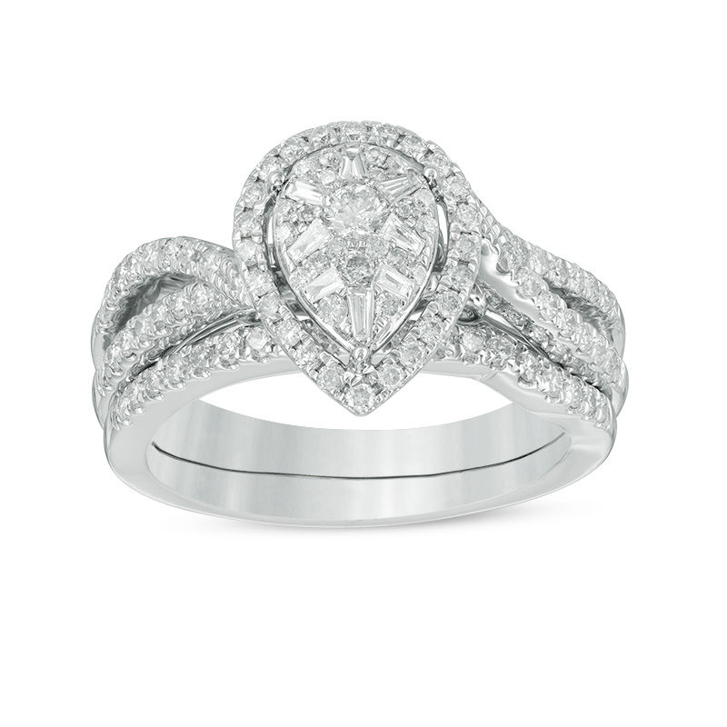 Main Image 1 of 0.70 CT. T.W. Composite Diamond Pear-Shaped Frame Split Shank Bridal Set in 14K White Gold