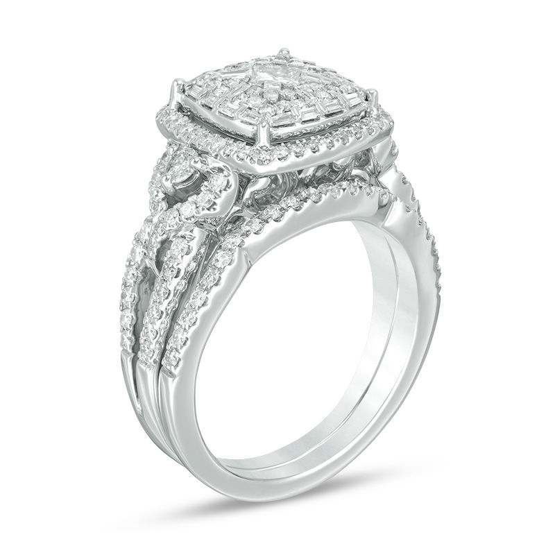 1.16 CT. T.W. Cushion Multi-Diamond Frame Twist Shank Bridal Set 14K White Gold