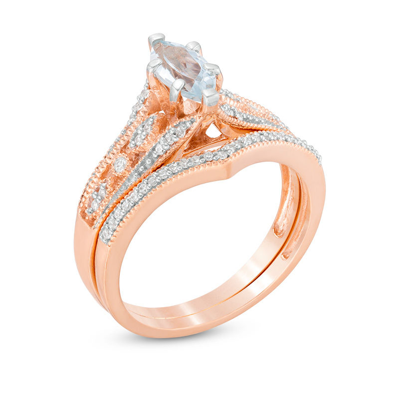 Main Image 2 of Marquise Aquamarine and 0.18 CT. T.W. Diamond Bridal Set in 10K Rose Gold