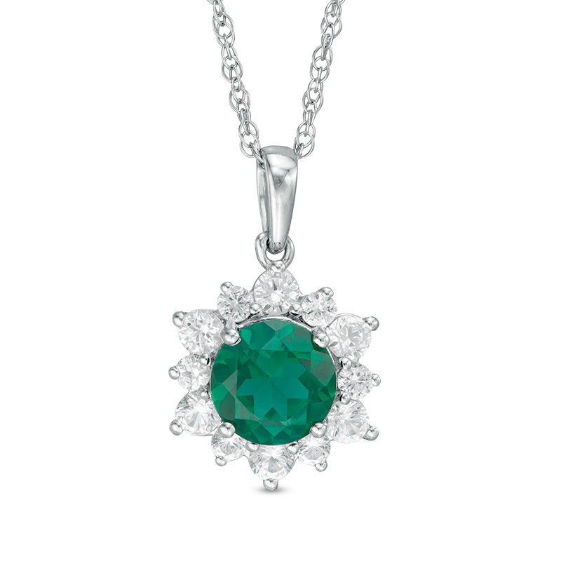 7.0mm Lab-Created Emerald and White Sapphire Sunburst Frame Pendant in Sterling Silver|Peoples Jewellers