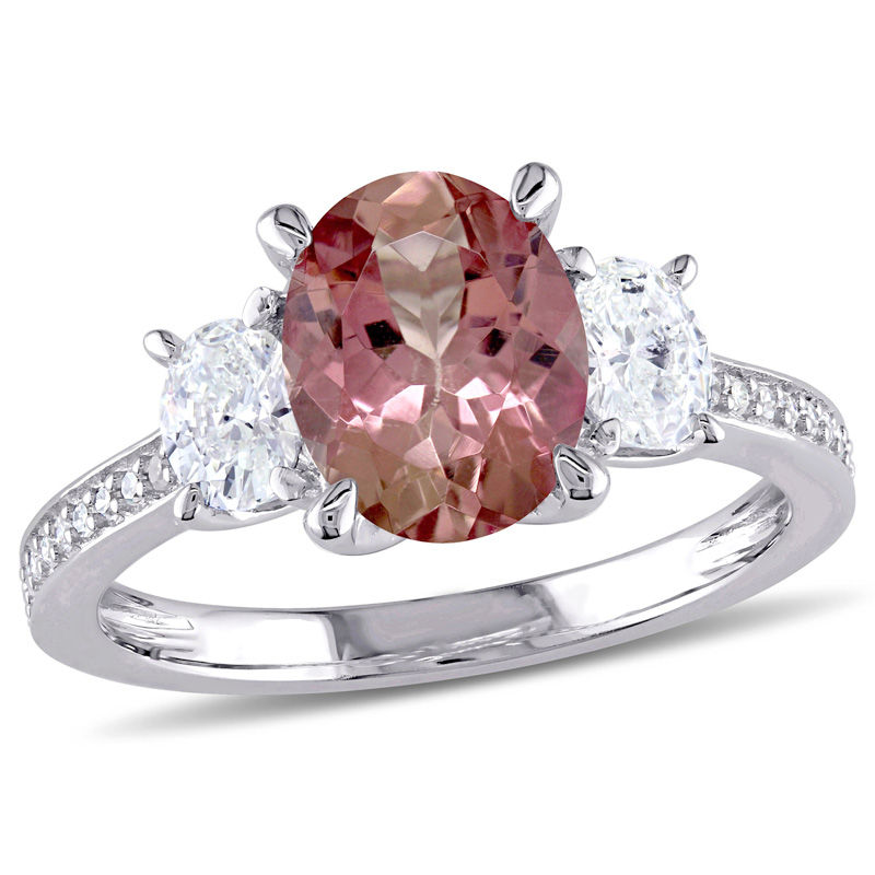 Oval Pink Tourmaline and 0.60 CT. T.W. Diamond Three Stone Ring in 14K White Gold|Peoples Jewellers