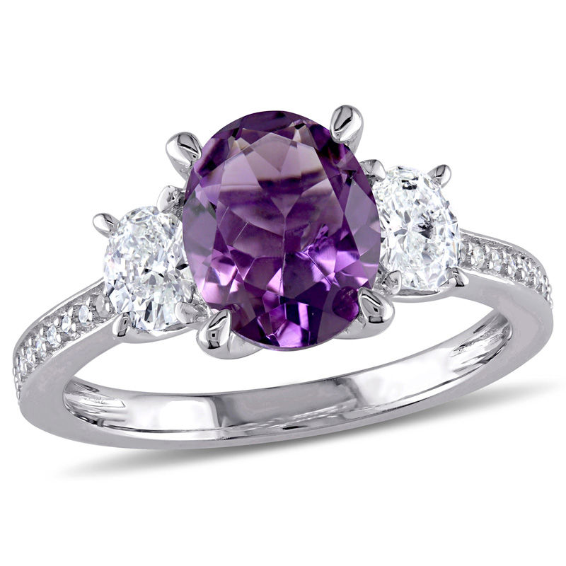 Oval Amethyst and 0.60 CT. T.W. Diamond Three Stone Ring in 14K White Gold|Peoples Jewellers