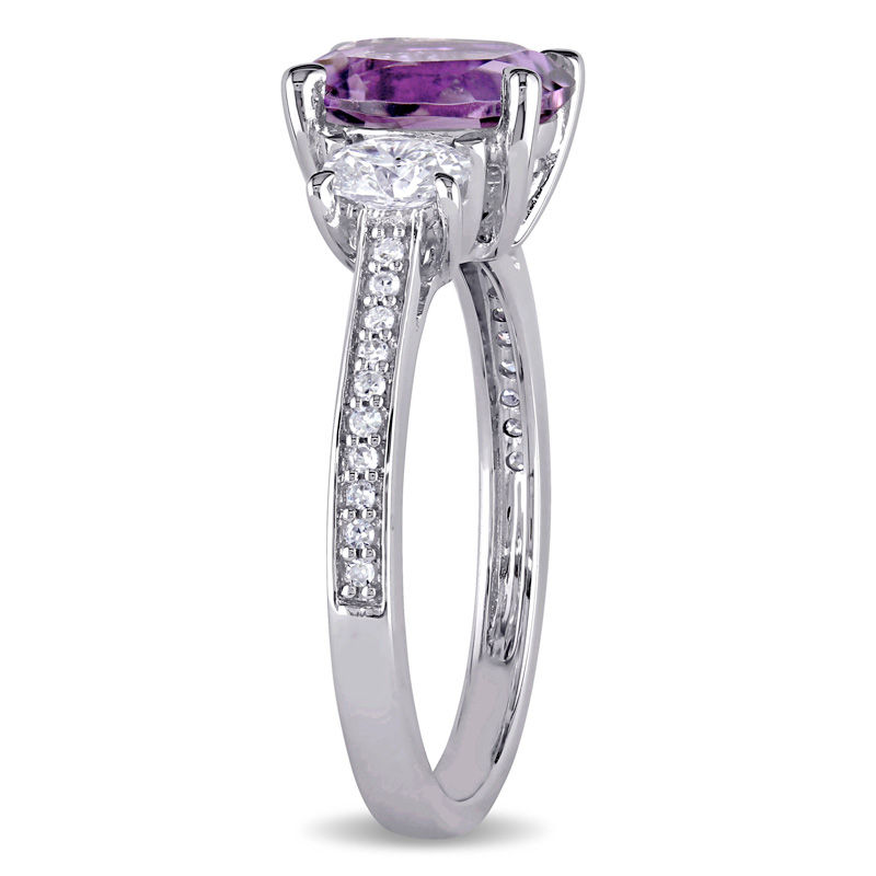 Main Image 2 of Oval Amethyst and 0.60 CT. T.W. Diamond Three Stone Ring in 14K White Gold
