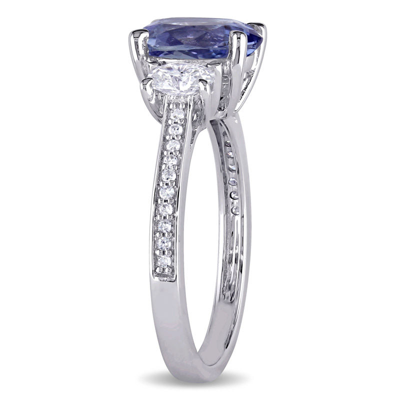 Main Image 2 of Oval Tanzanite and 0.60 CT. T.W. Diamond Three Stone Ring in 14K White Gold