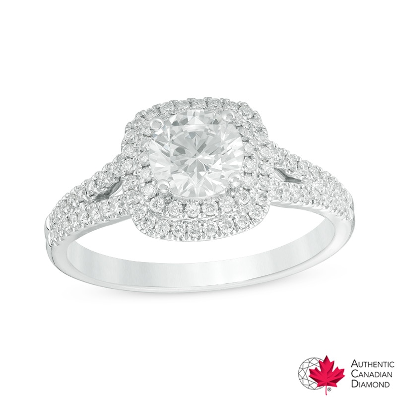 1.00 CT. T.W. Certified Canadian Diamond Double Cushion Frame Engagement Ring Platinum (H/VS2)