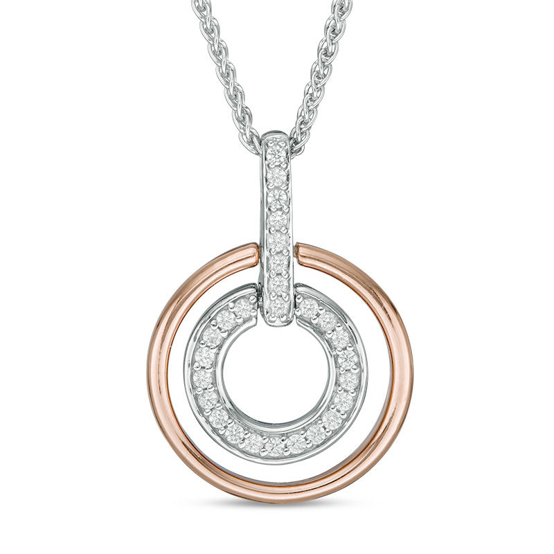 0.23 CT. T.W. Diamond Double Circle Bolo Necklace in Sterling Silver and 10K Rose Gold - 30"