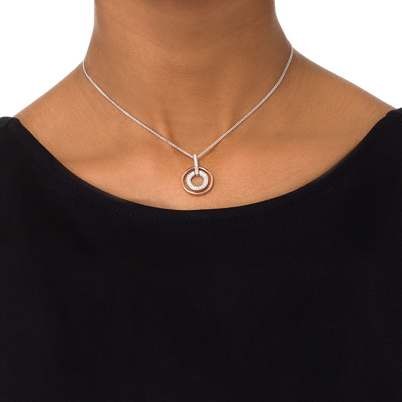 Main Image 3 of 0.23 CT. T.W. Diamond Double Circle Bolo Necklace in Sterling Silver and 10K Rose Gold - 30&quot;