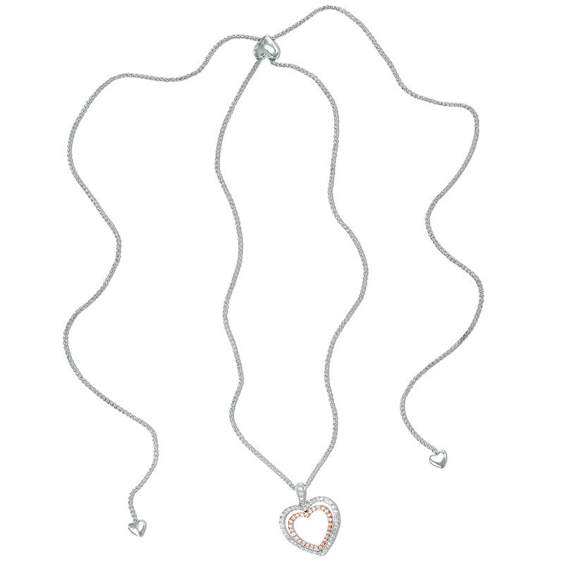 0.45 CT. T.W. Diamond Double Heart Bolo Necklace in Sterling Silver and 10K Rose Gold - 30"