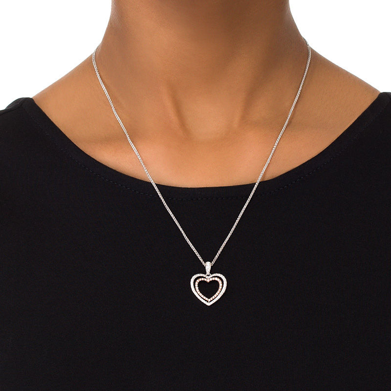 0.45 CT. T.W. Diamond Double Heart Bolo Necklace in Sterling Silver and 10K Rose Gold - 30"