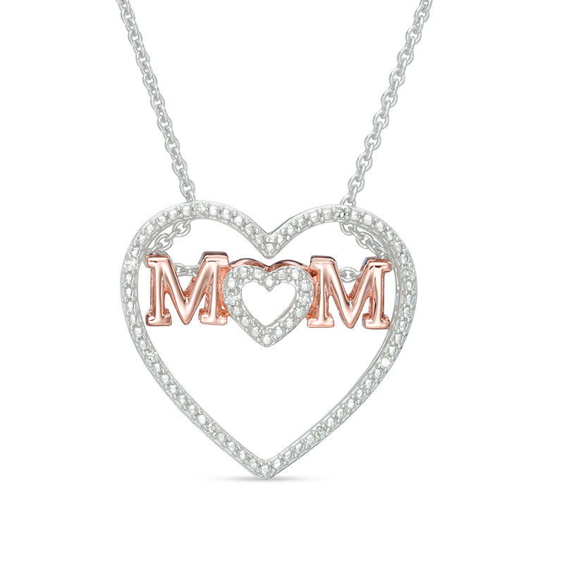 Diamond Accent "MOM" Heart Pendant in Sterling Silver and 14K Rose Gold Plate