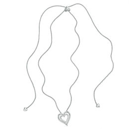 0.37 CT. T.W. Diamond Double Heart Bolo Necklace in Sterling Silver - 30&quot;